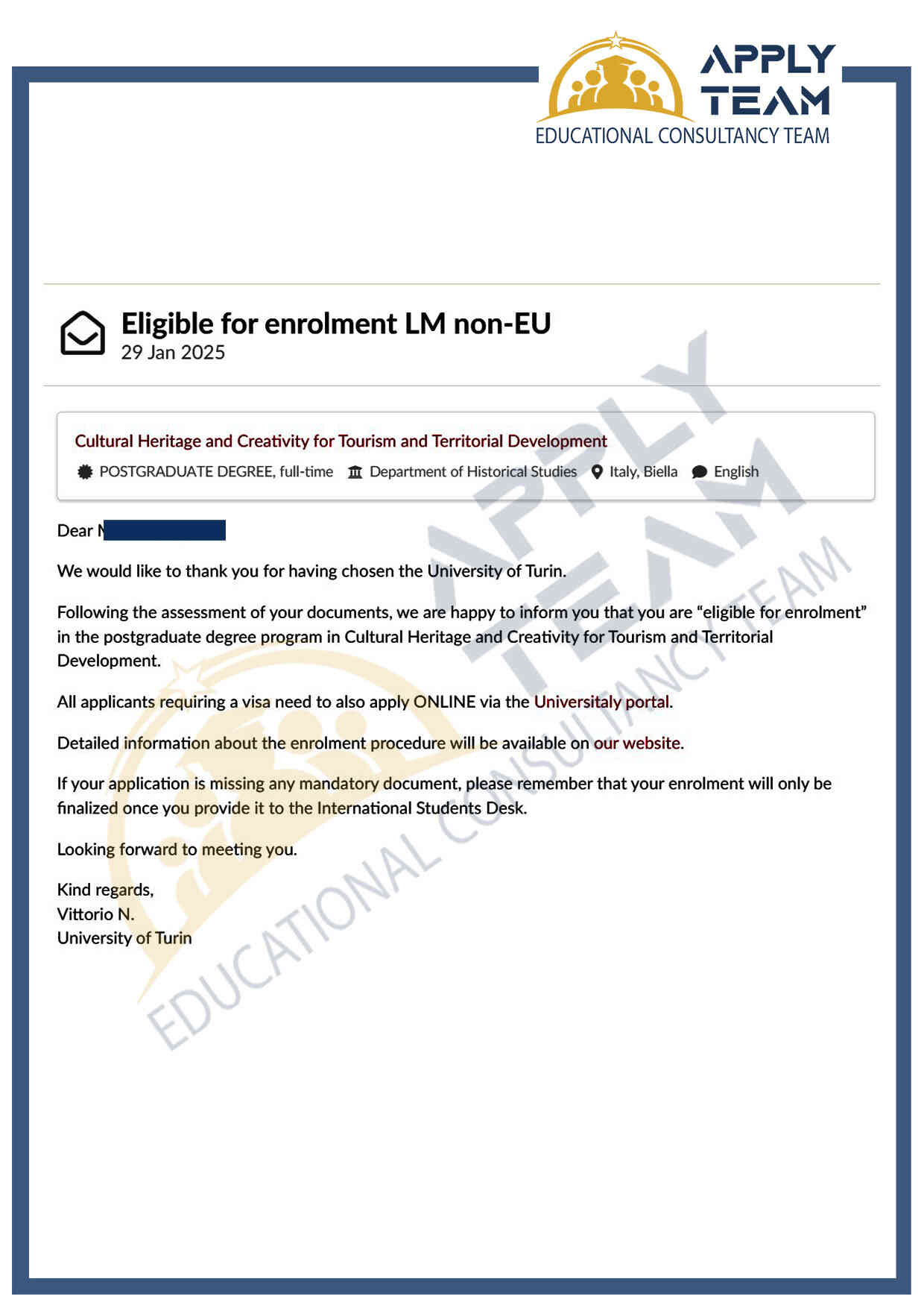 برگه پذیرش موسسه اپلای تیم-8